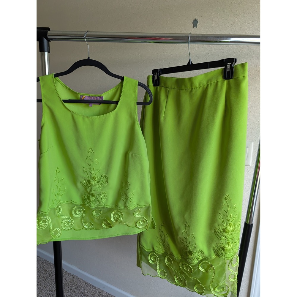 SOGIC Lime Green Embroidered Skirt Set Sleeveless Top Midi Skirt Size 10
